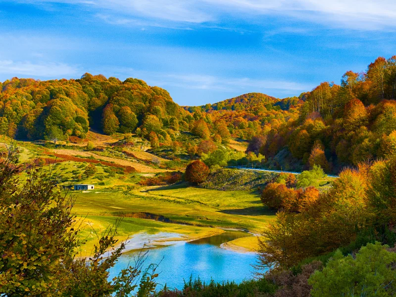 осень, холмы, озеро, лес