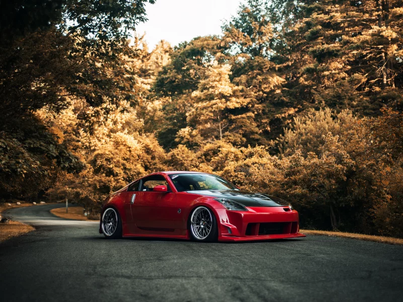 red, 350z, красный, обвес, ниссан, осень, nissan, дорога, stance