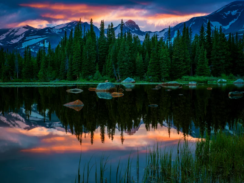 лес, закат, сша, red rock lakes, озеро, колорадо, горы