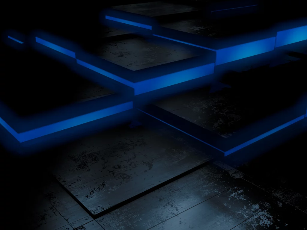 floor, jumps, dark background, black, cubes, blue, fluorescent