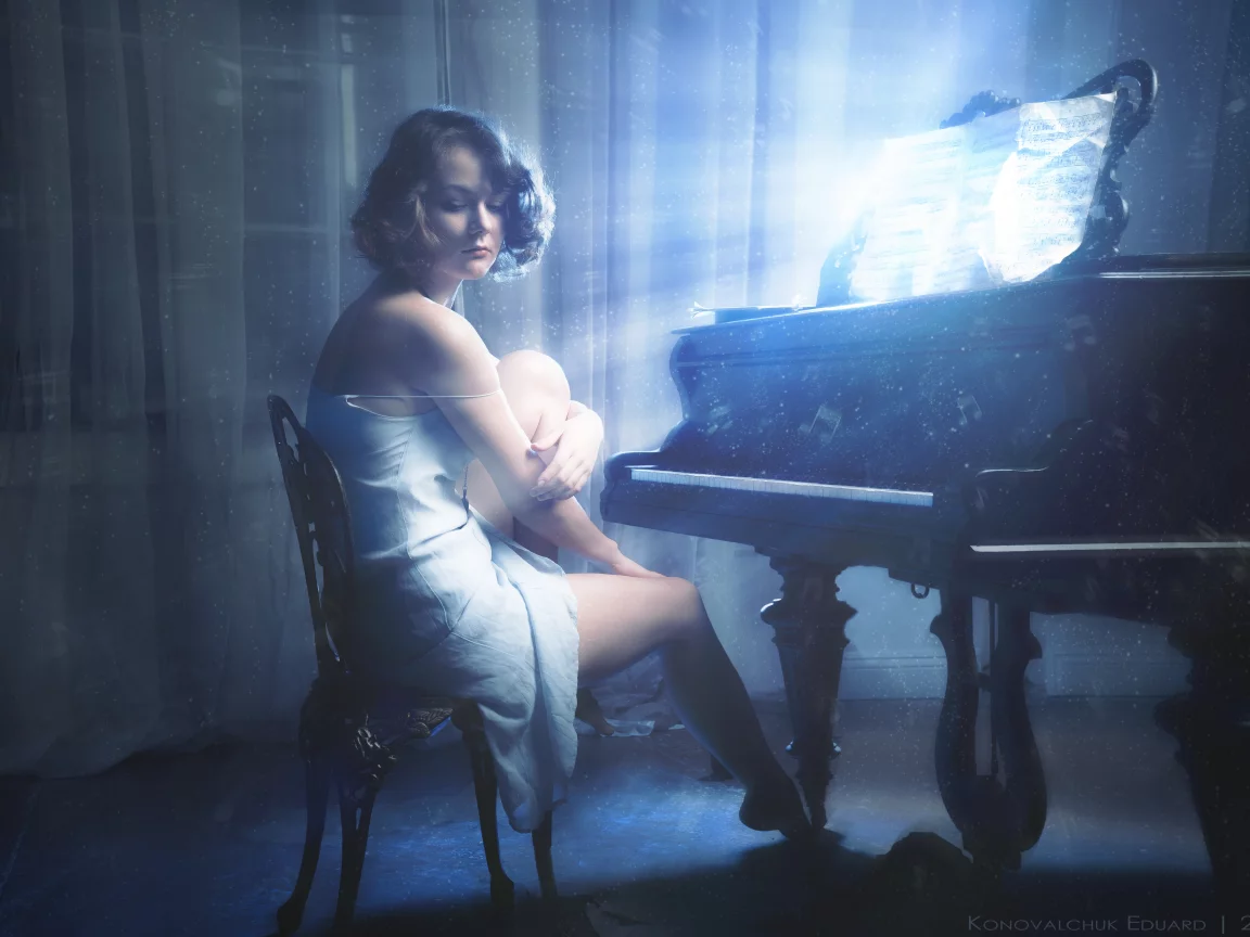 glow, konovalchuk eduard, notes, girl, music, коновальчук эдуард, piano