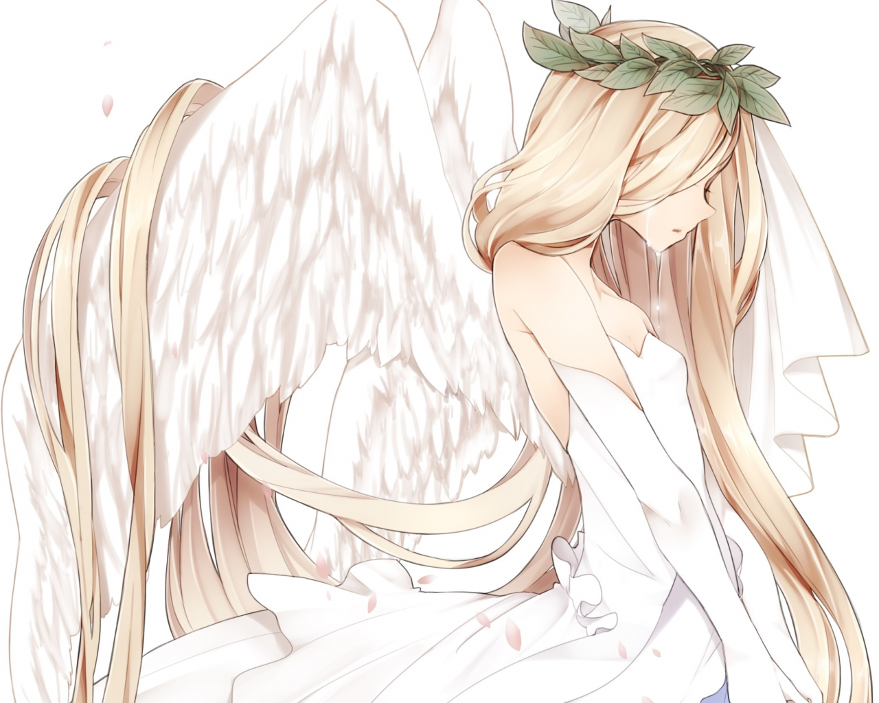ангел, девушка, арт, венок, naruto maki, листья, слезы, крылья