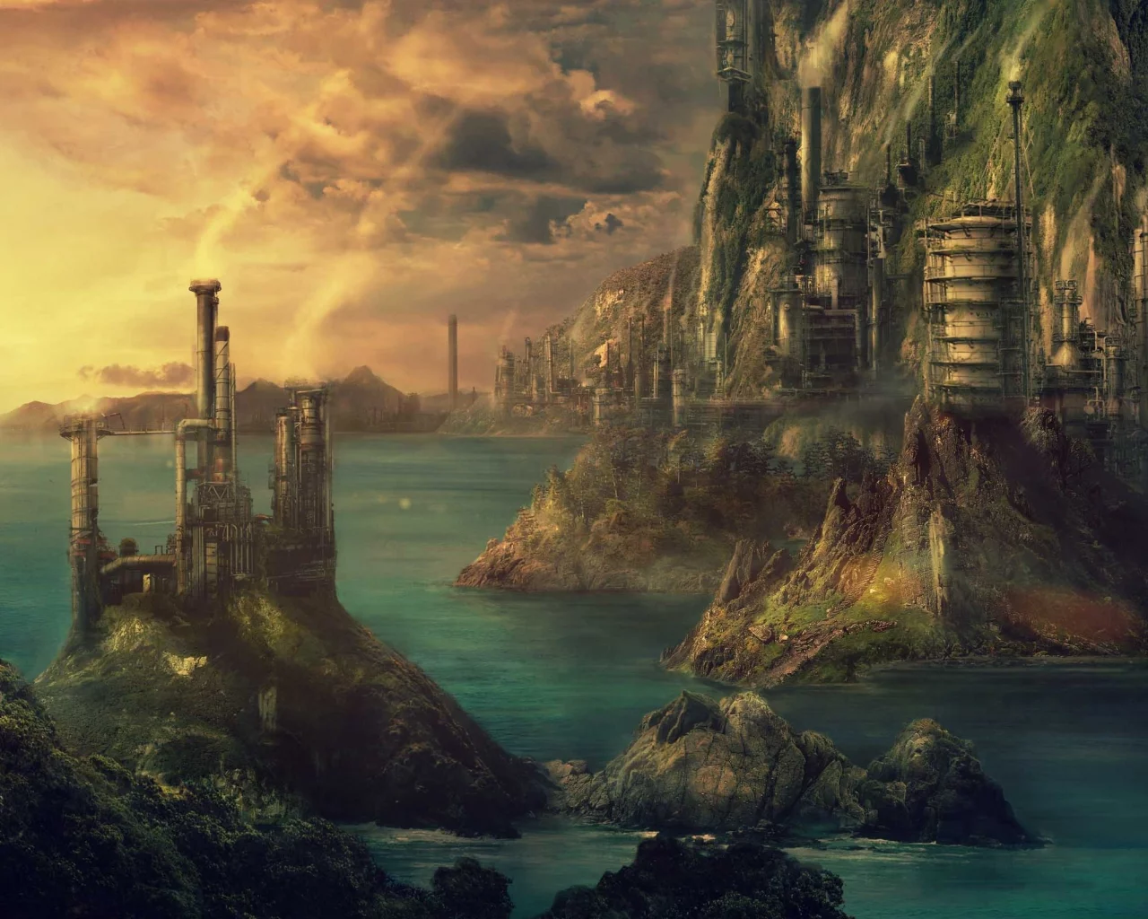 pulpoglow, technopolis, art, город, fantasy, море, здания, технополис