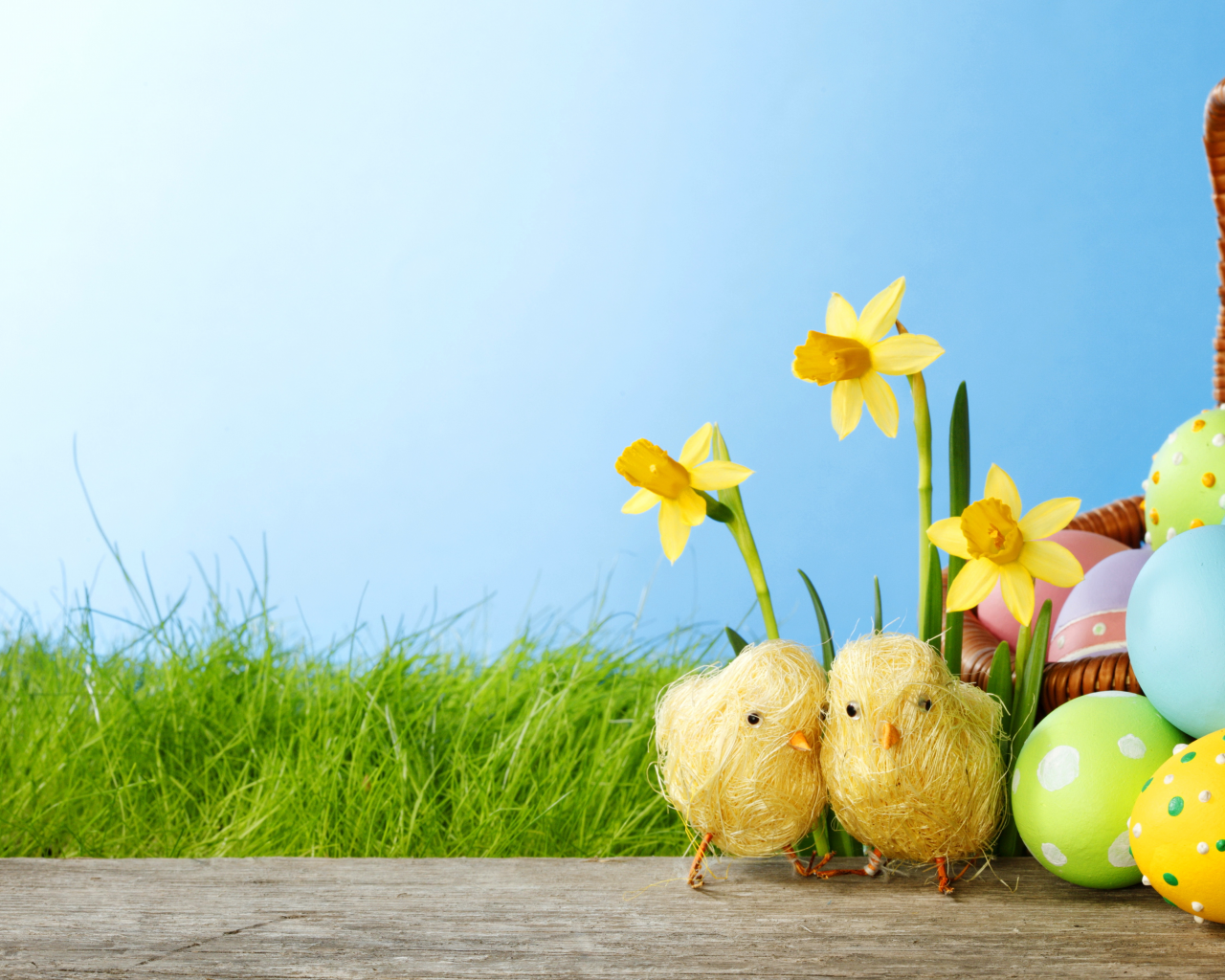 easter, eggs, spring, flowers, пасха, grass, springer, colorful, daffodils, весна