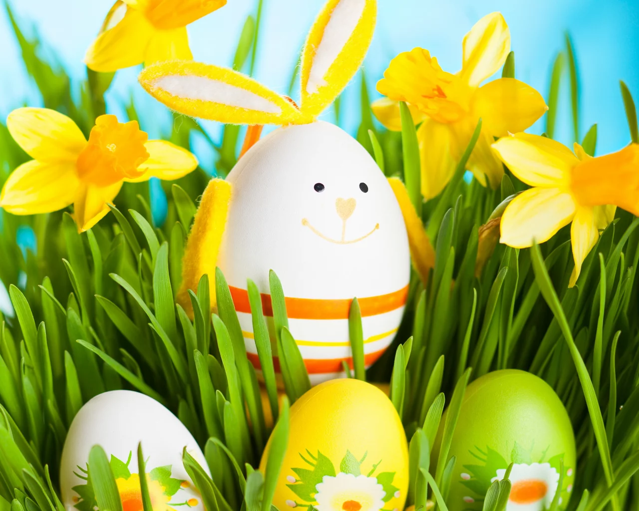flowers, весна, spring, daffodils, пасха, bunny, easter, grass, eggs, кролик