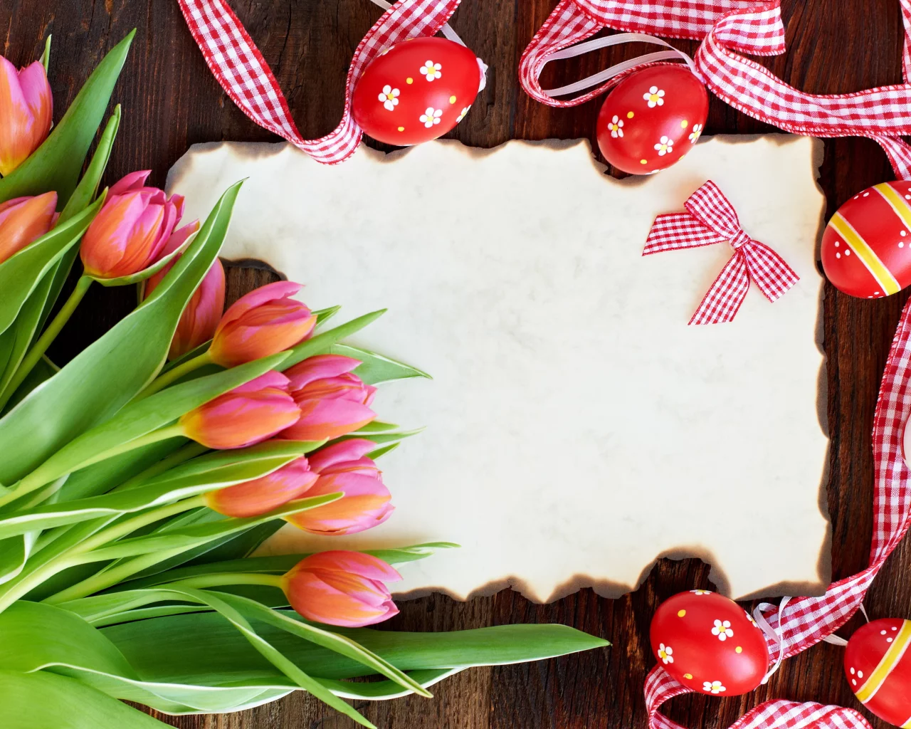тюльпаны, пасха, flowers, card, easter, tulips, eggs, red