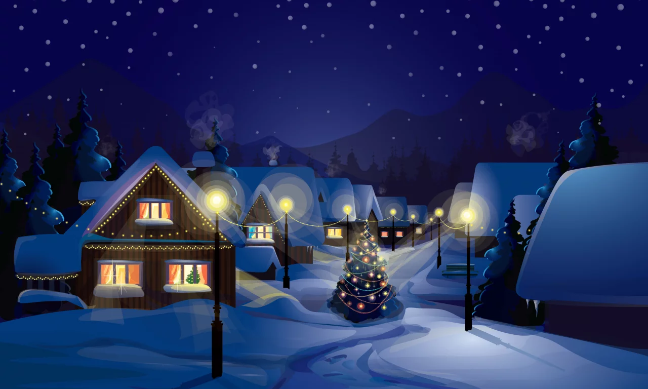 houses, merry christmas, city, lights, light columns, , , new year, ornaments, christmas tree, town