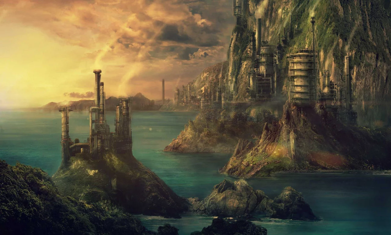 pulpoglow, technopolis, art, город, fantasy, море, здания, технополис