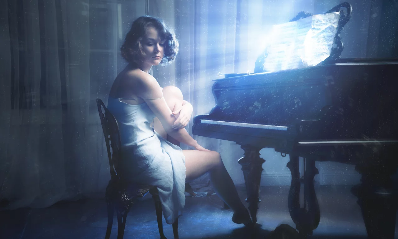 glow, konovalchuk eduard, notes, girl, music, коновальчук эдуард, piano