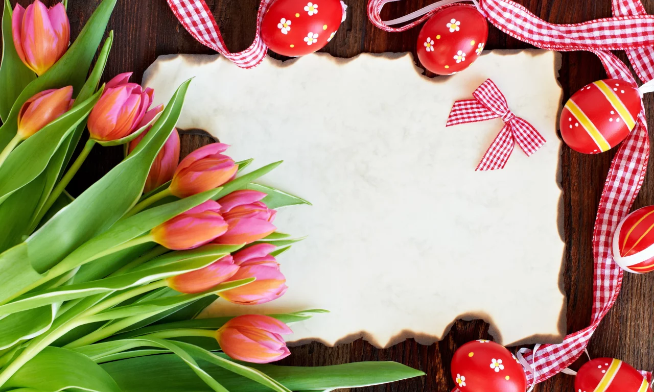 тюльпаны, пасха, flowers, card, easter, tulips, eggs, red
