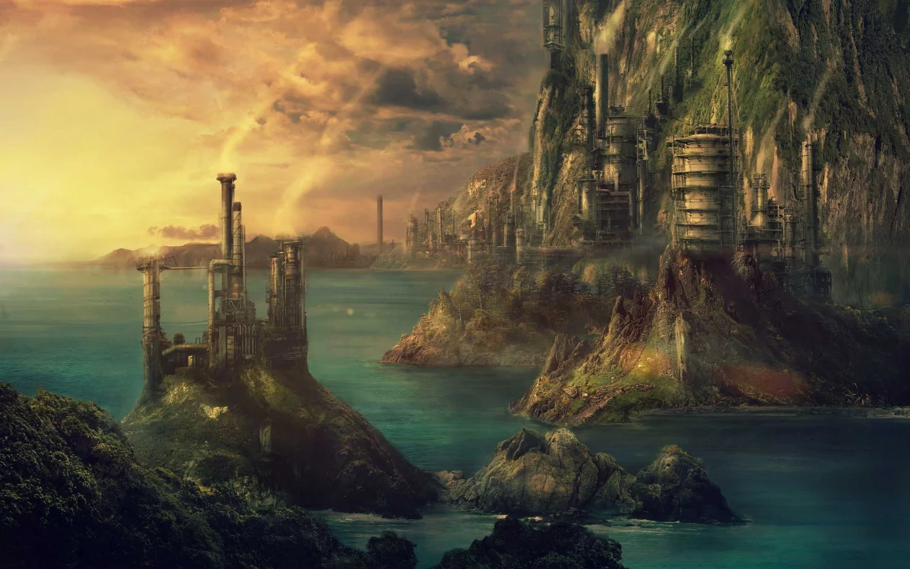 pulpoglow, technopolis, art, город, fantasy, море, здания, технополис
