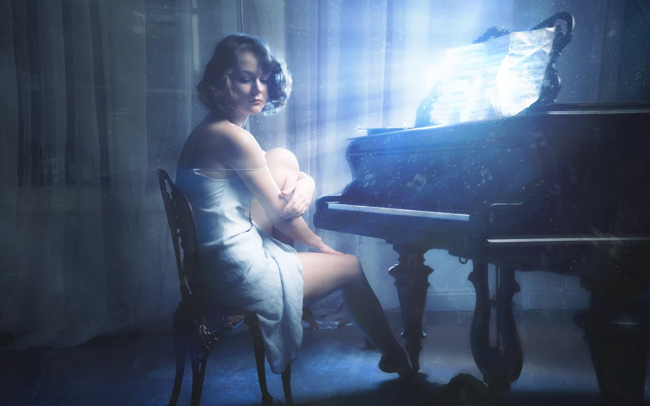 glow, konovalchuk eduard, notes, girl, music, коновальчук эдуард, piano