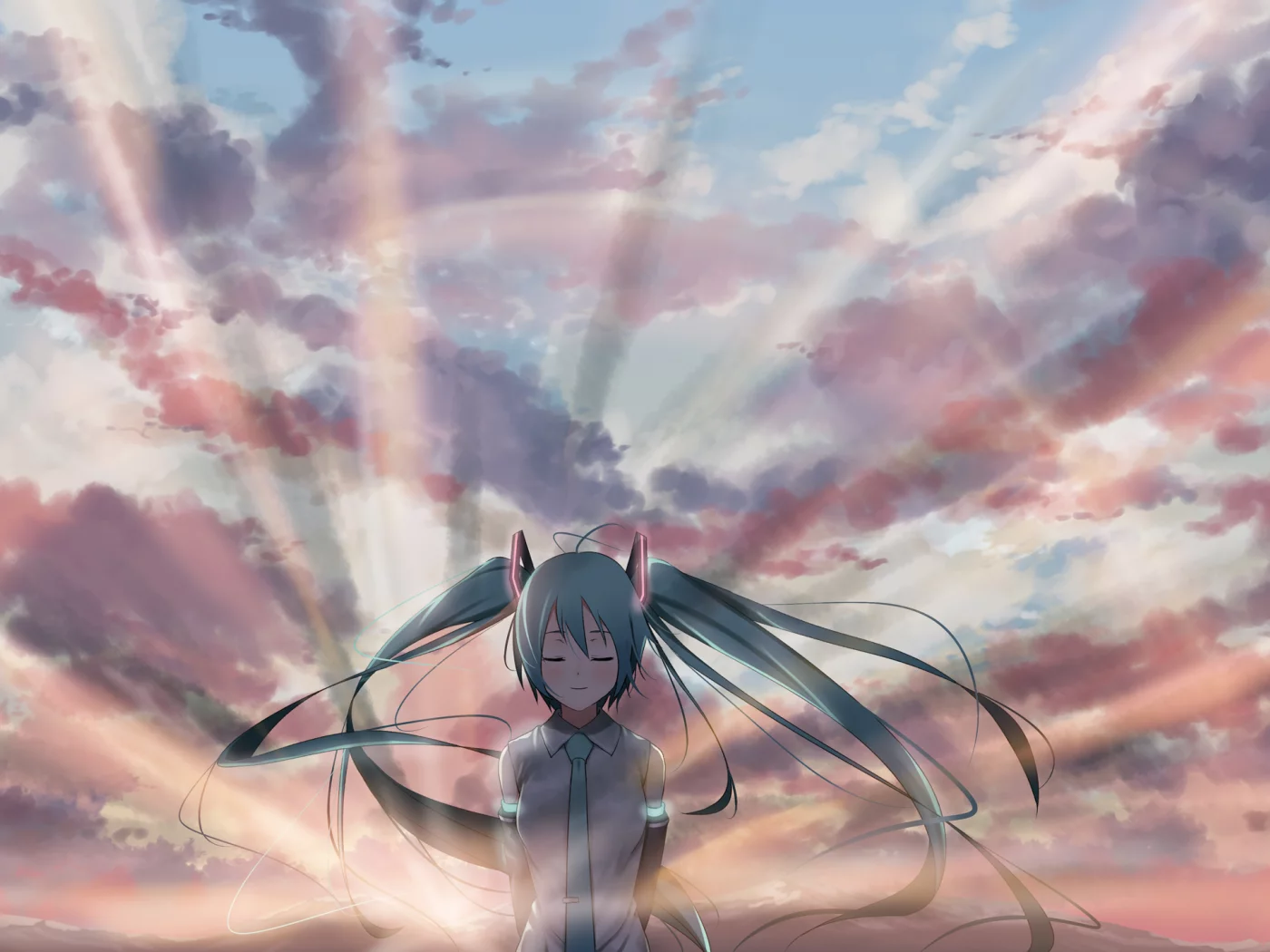арт, облака, vocaloid, hatsune miku, закат, девушка, вокалоид