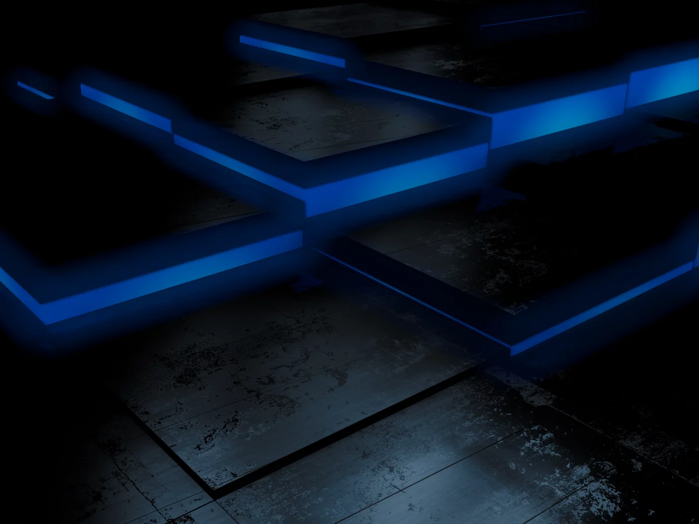 floor, jumps, dark background, black, cubes, blue, fluorescent