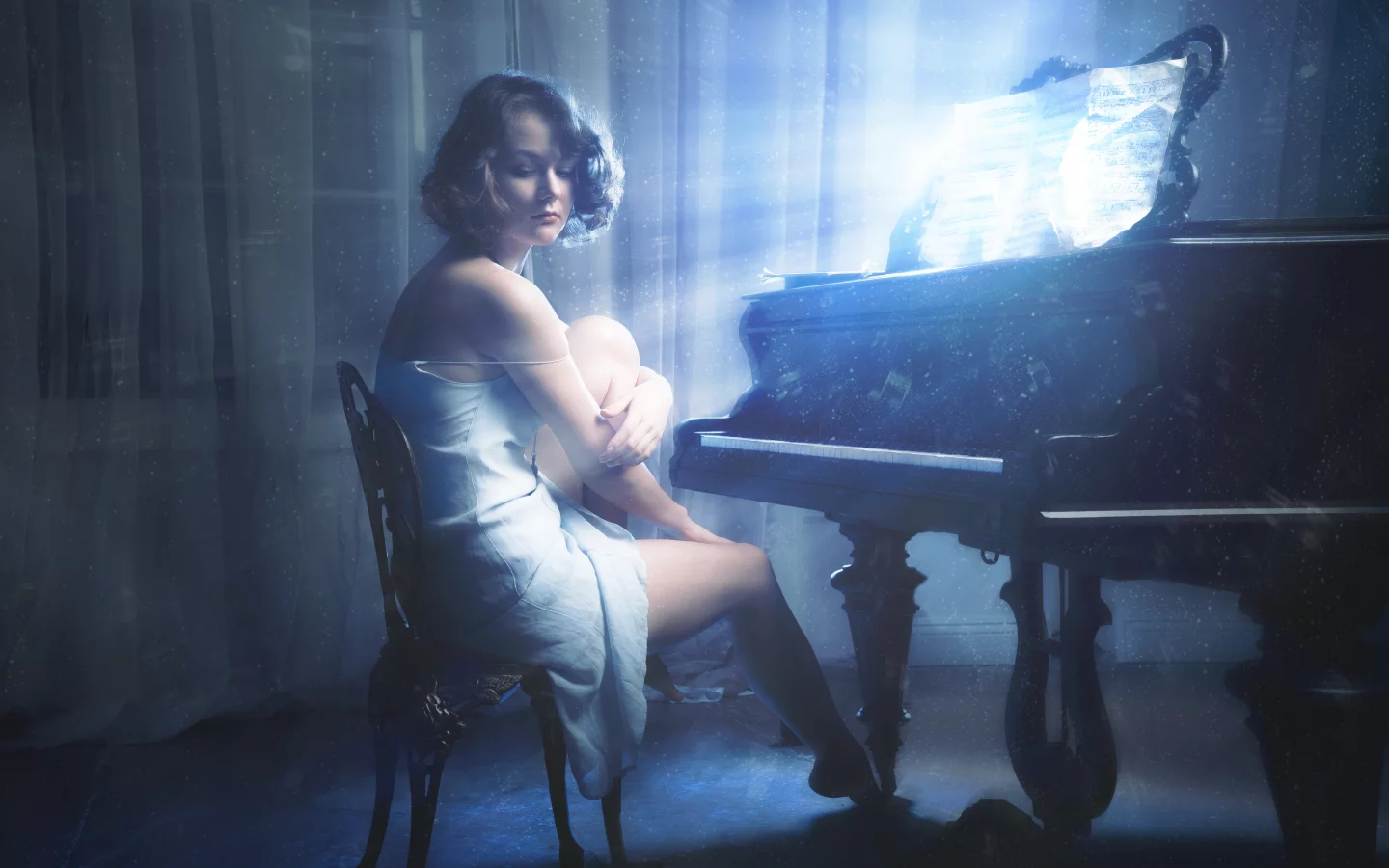 glow, konovalchuk eduard, notes, girl, music, коновальчук эдуард, piano