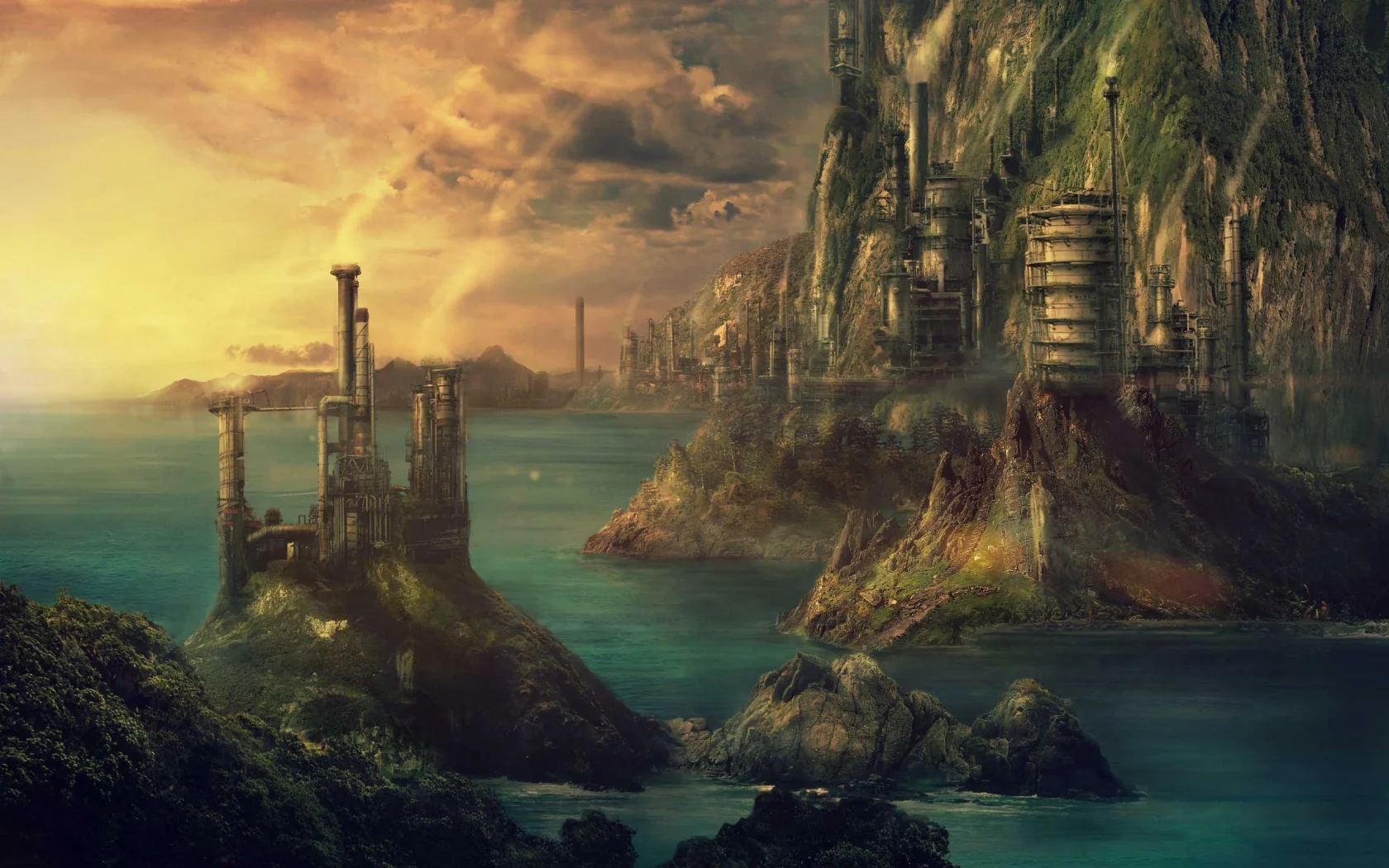 pulpoglow, technopolis, art, город, fantasy, море, здания, технополис