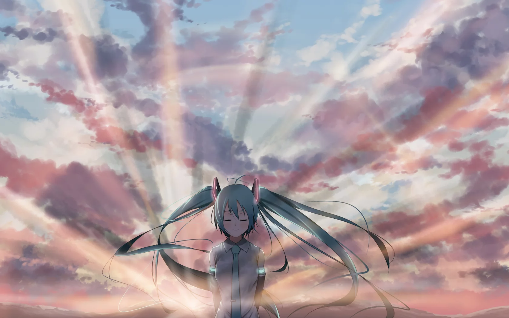 арт, облака, vocaloid, hatsune miku, закат, девушка, вокалоид