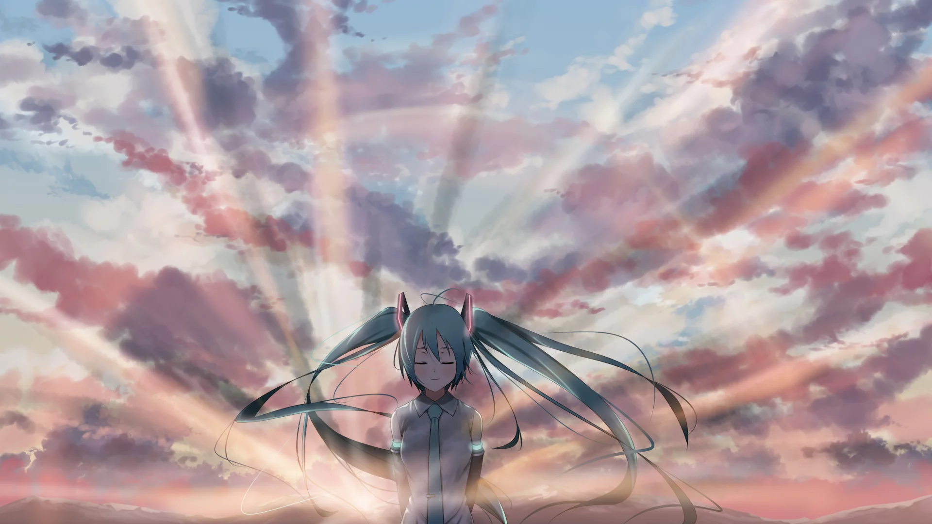 арт, облака, vocaloid, hatsune miku, закат, девушка, вокалоид