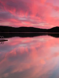 закат, лес, canada, небо, канада, облака, озеро, деревья