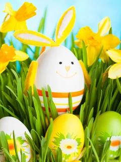 flowers, весна, spring, daffodils, пасха, bunny, easter, grass, eggs, кролик