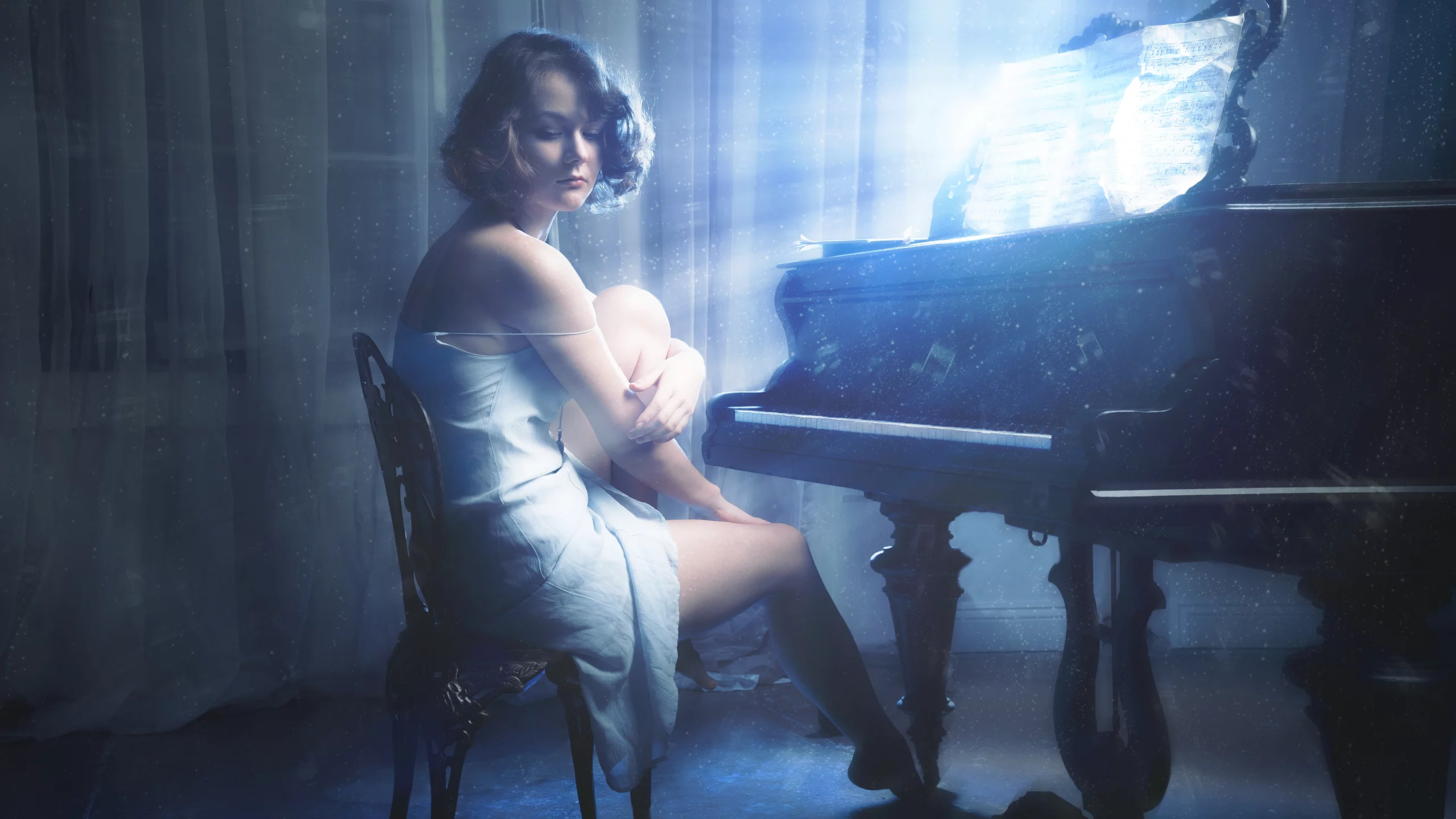 glow, konovalchuk eduard, notes, girl, music, коновальчук эдуард, piano
