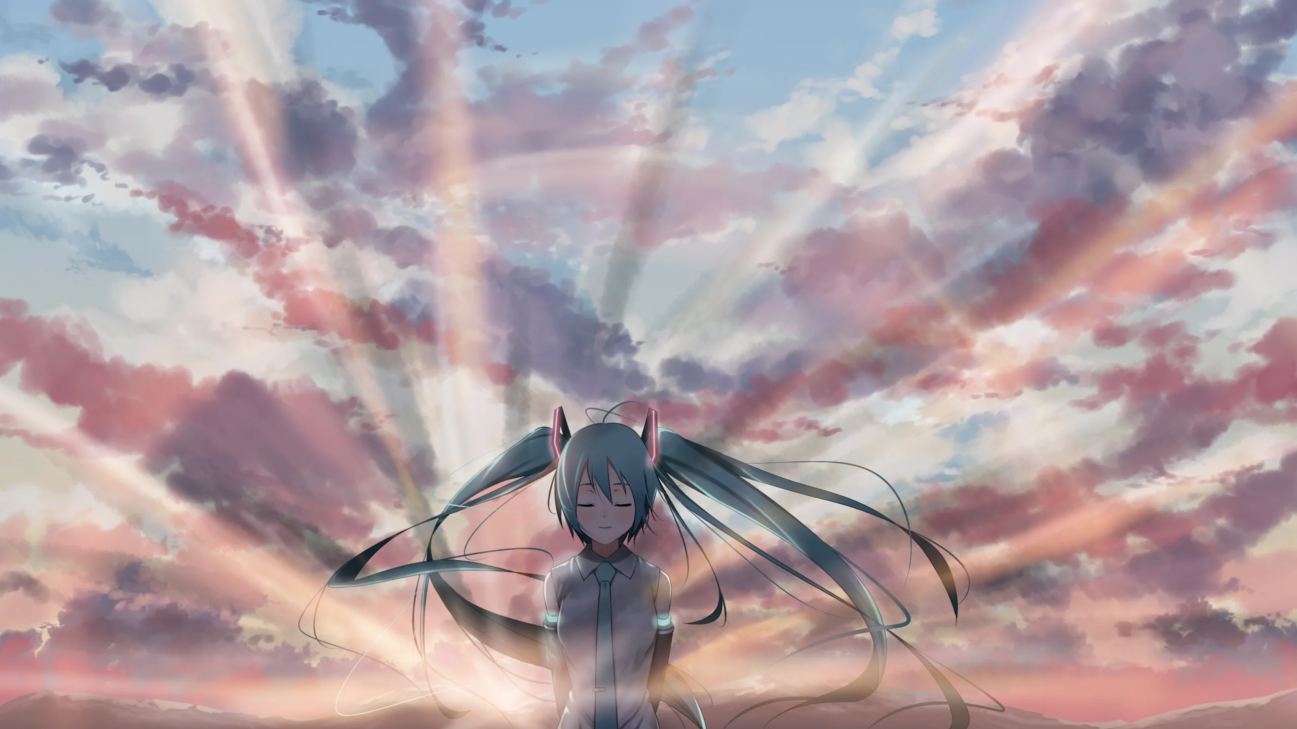 арт, облака, vocaloid, hatsune miku, закат, девушка, вокалоид