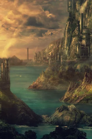 pulpoglow, technopolis, art, город, fantasy, море, здания, технополис