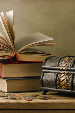 монеты, винтаж, стол, книги, сундучок, страницы, vintage
