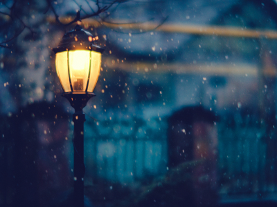 зима, освещение, деревья, снег, фонарь, ночь, свет, дома