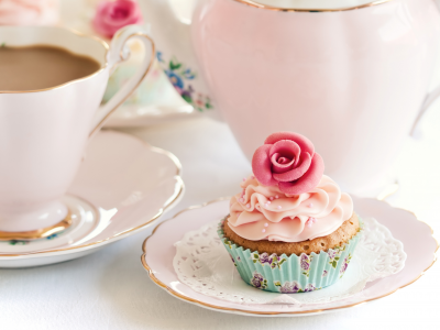 пирожное, кекс, розовый, цветок, кофе, розочка, крем
