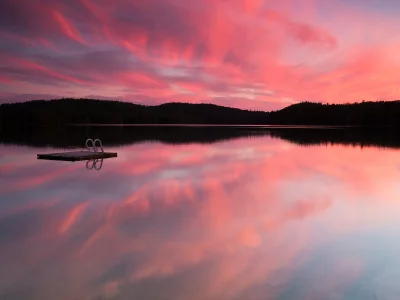 закат, лес, canada, небо, канада, облака, озеро, деревья