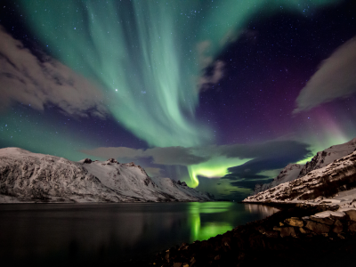 ночь, снег, небо, горы, исландия, северное сияние