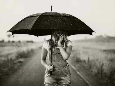дождь, белое, чёрно, зонт, девушка, фото