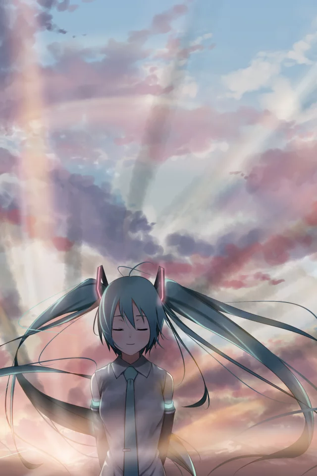 арт, облака, vocaloid, hatsune miku, закат, девушка, вокалоид