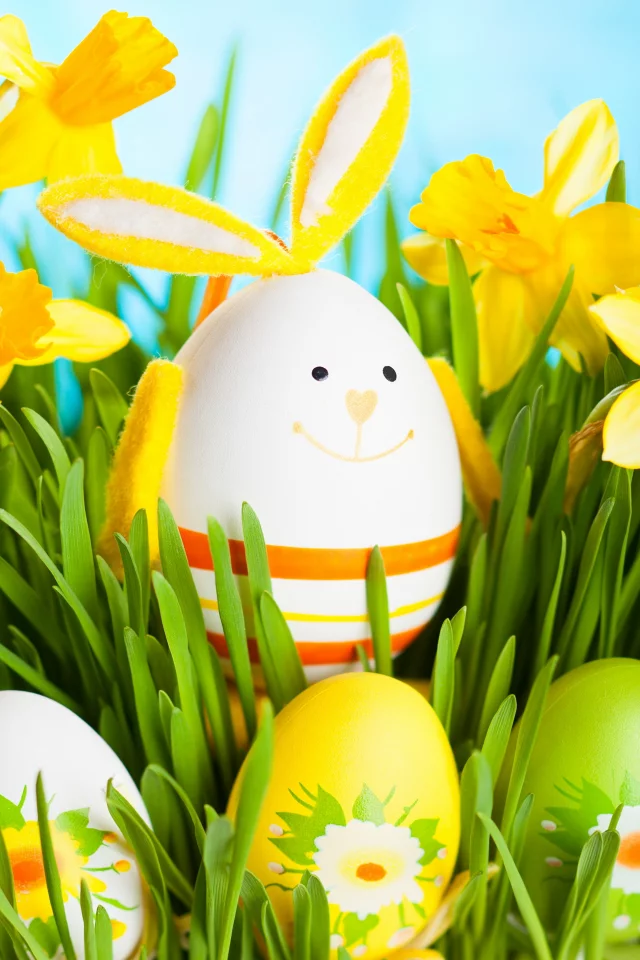 flowers, весна, spring, daffodils, пасха, bunny, easter, grass, eggs, кролик