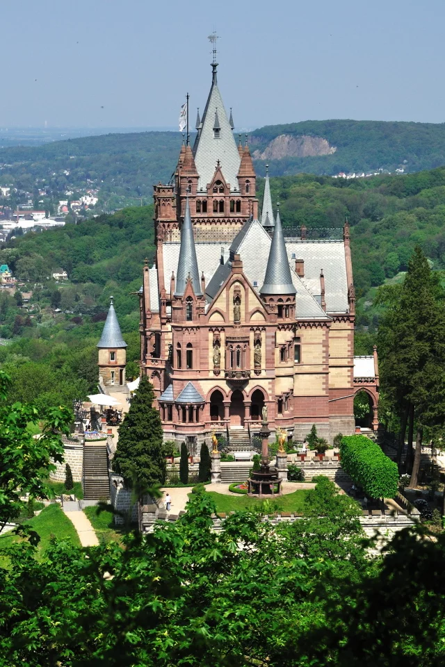 drachenburg, германия, castle, замок, лес, зелень, фото, город
