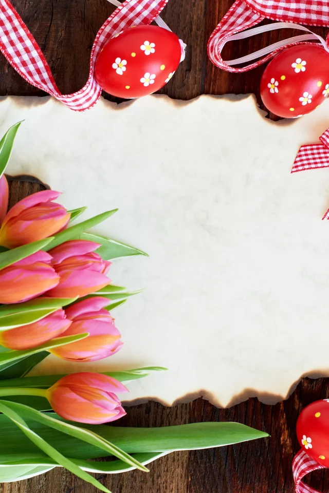 тюльпаны, пасха, flowers, card, easter, tulips, eggs, red
