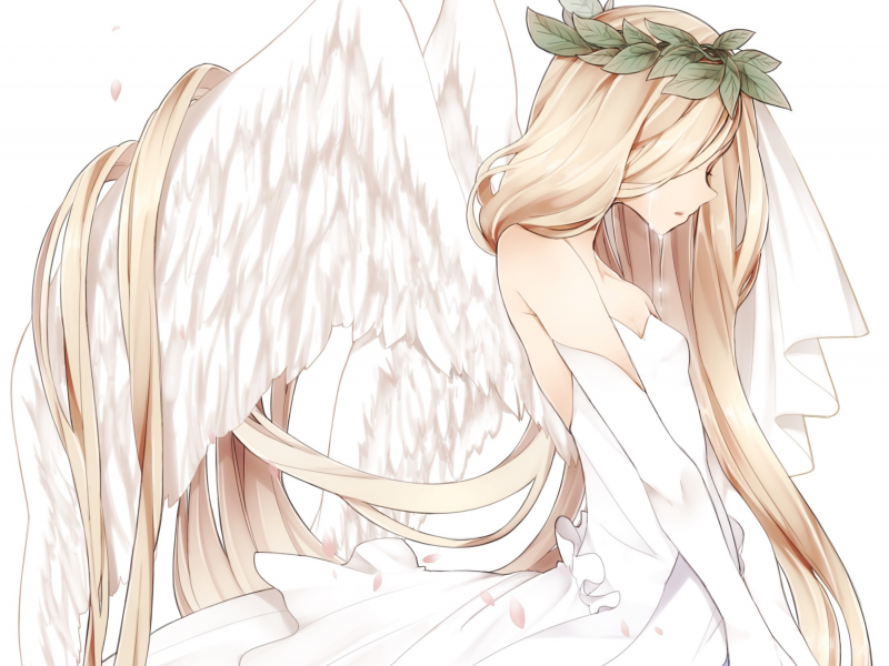 ангел, девушка, арт, венок, naruto maki, листья, слезы, крылья