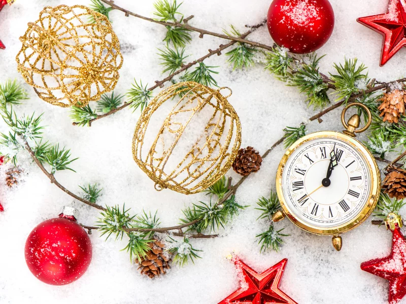 ornaments, stars, time, snow, winter, happy new year, merry christmas, holiday, clock, decoration
