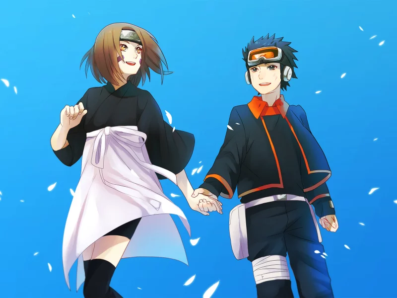 держутся за руки, rin nohara, naruto, anime, art, obito uchiha, вместе