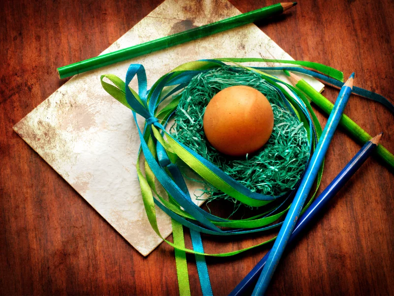 гнездо, праздник, пасха, карандаши, яйцо, ленты, easter