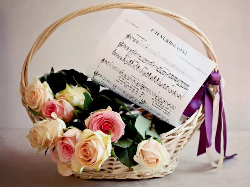 ноты, цветы, букет, корзина, розы, цветок, корзинка