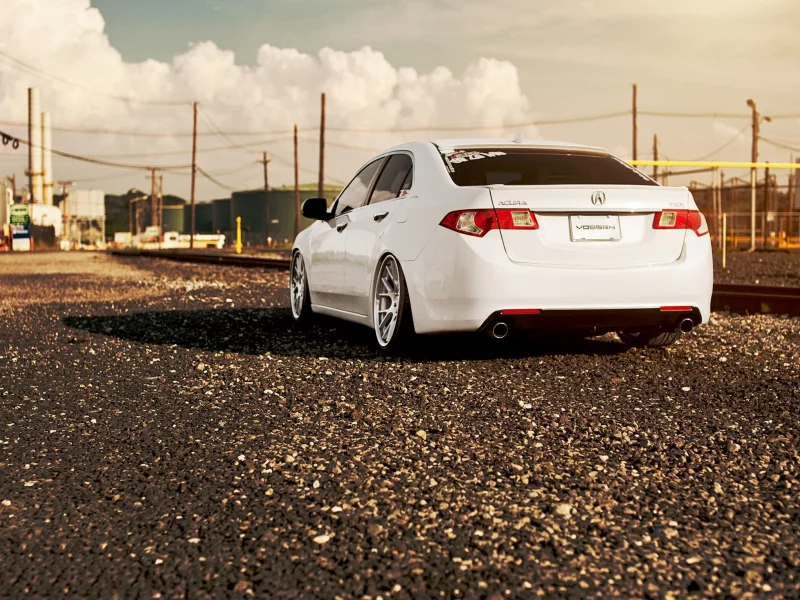 acura tl, диски, акура, тюнинг, гравий, рельсы, вечер