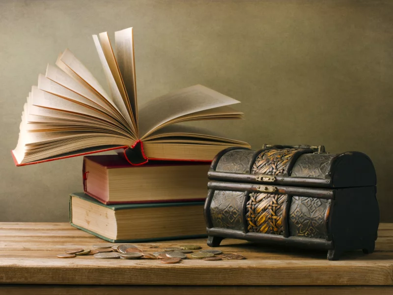 монеты, винтаж, стол, книги, сундучок, страницы, vintage