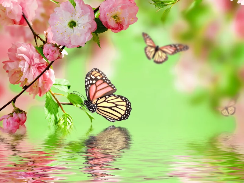 весна, spring, butterflies, цветение, pink, flowers, water, reflection, blossom