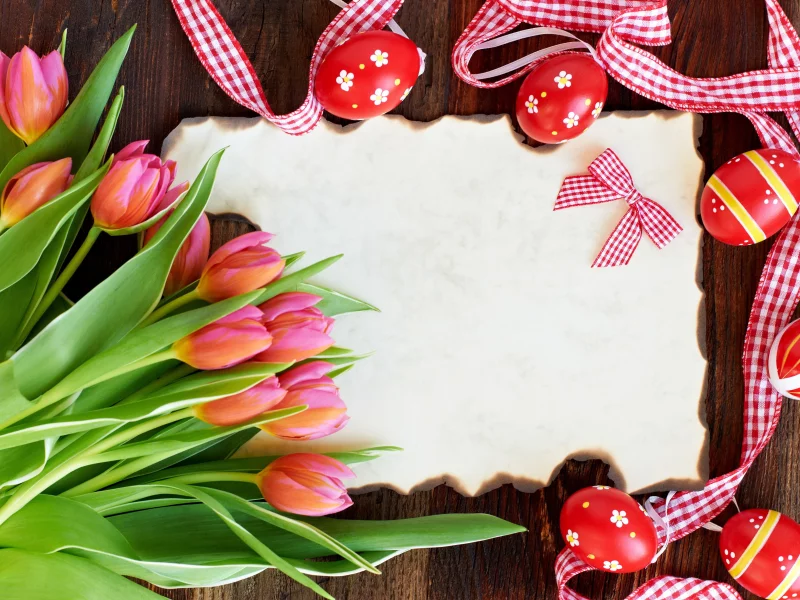 тюльпаны, пасха, flowers, card, easter, tulips, eggs, red
