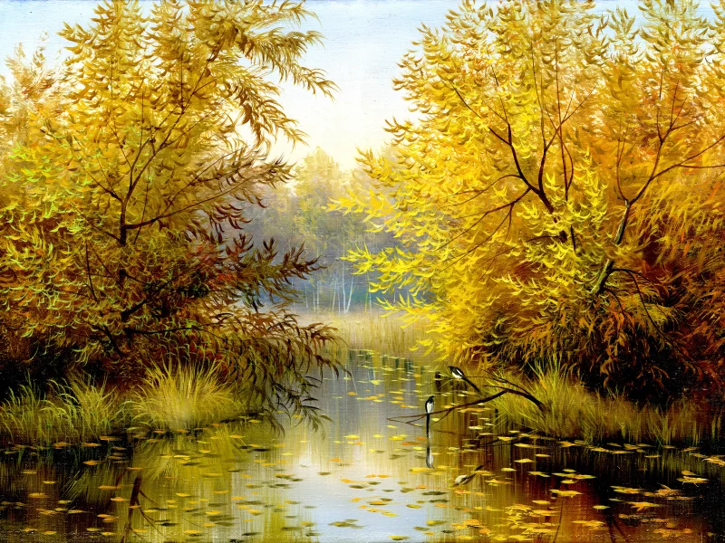листья, природа, птицы, пейзаж, деревья, живопись