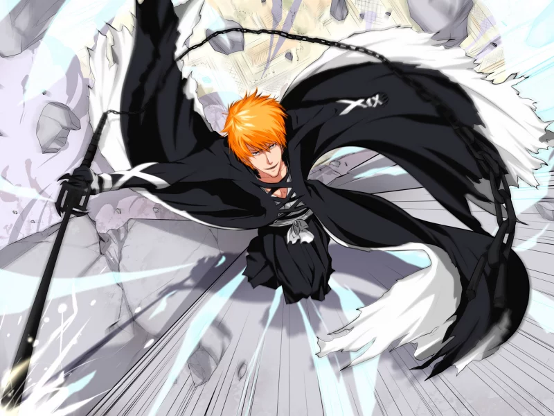парень, меч, взгляд, art, улыбка, kurosaki ichigo, hiroto touya, цепь