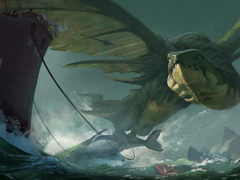 корабли, море, лодка, касатка, монстр, крылья, арт