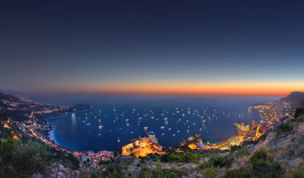 vista palace over monaco, возвышенность, вечер, город, море, огни